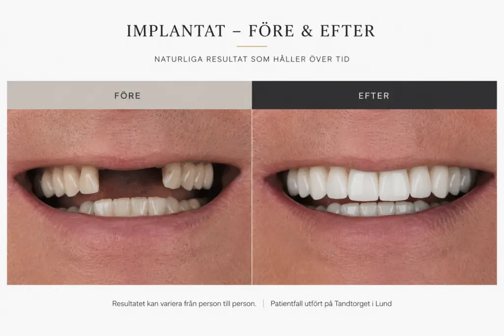 Before-and-after dental implant comparison showing missing teeth on the left and a full, white smile on the right.