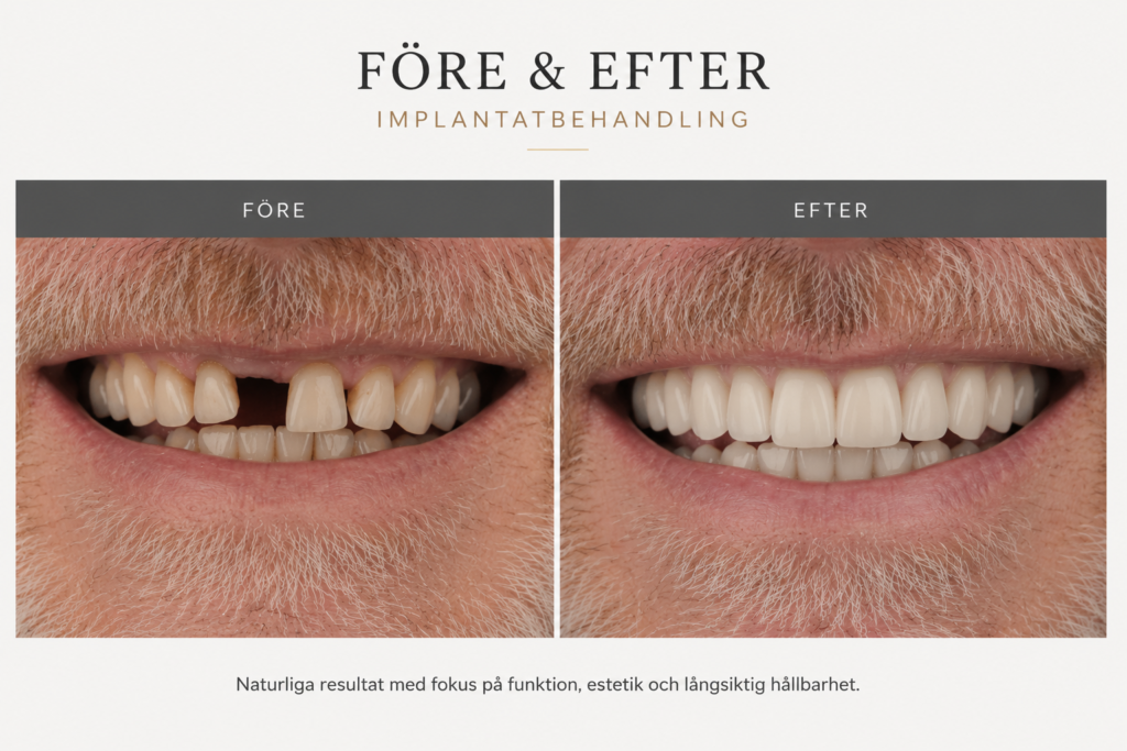 Side-by-side before-and-after of a man's smile showing dental implant treatment; left has missing teeth, right shows a full set of teeth for improved function and appearance.