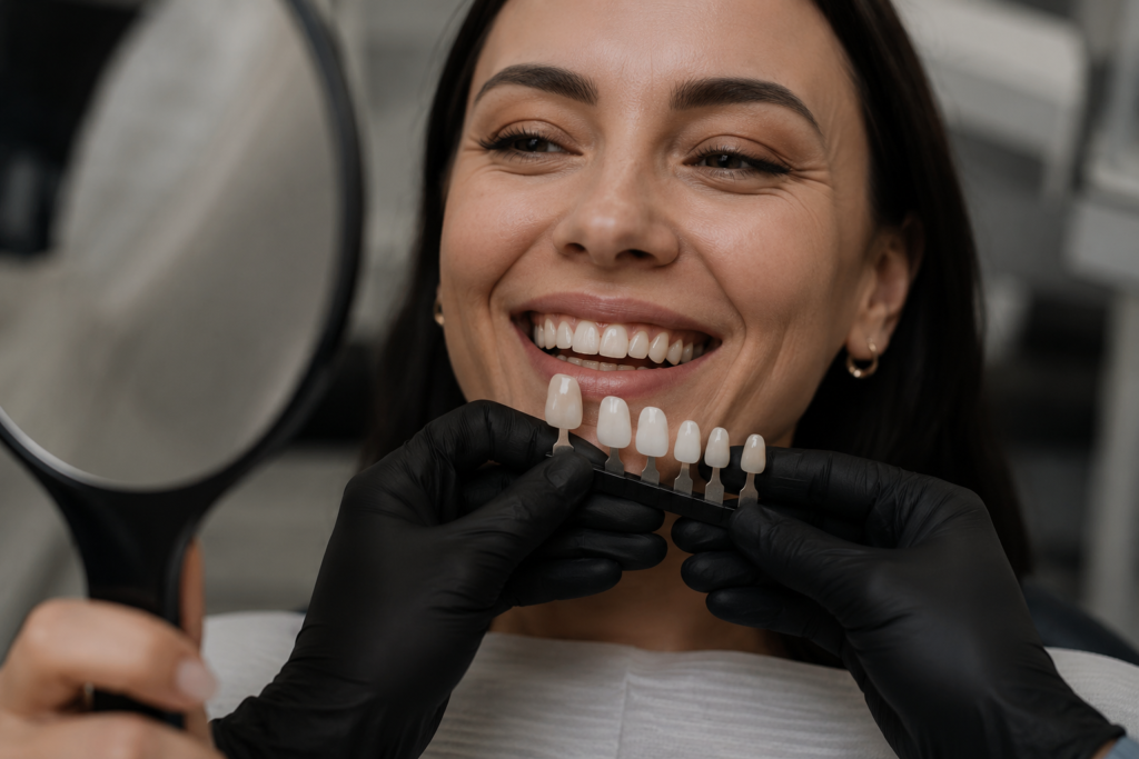 Dentist wearing black gloves holds a shade guide against a smiling patient's teeth for color matching.