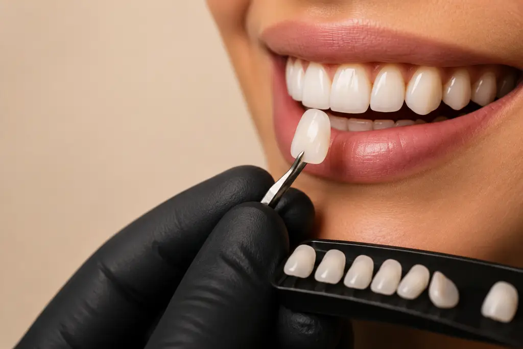 Dental professional in a black glove holds a veneer shade sample near a smiling patient’s teeth to match color.