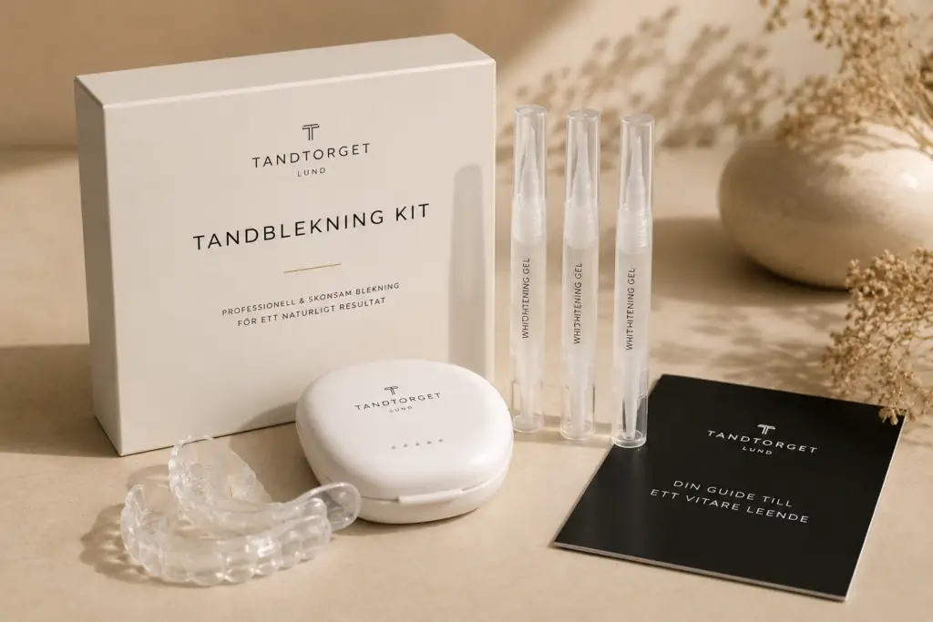 Tandtorget Lund teeth whitening kit: white box, three whitening gel syringes, clear mouth trays, and a guide booklet on a beige surface.
