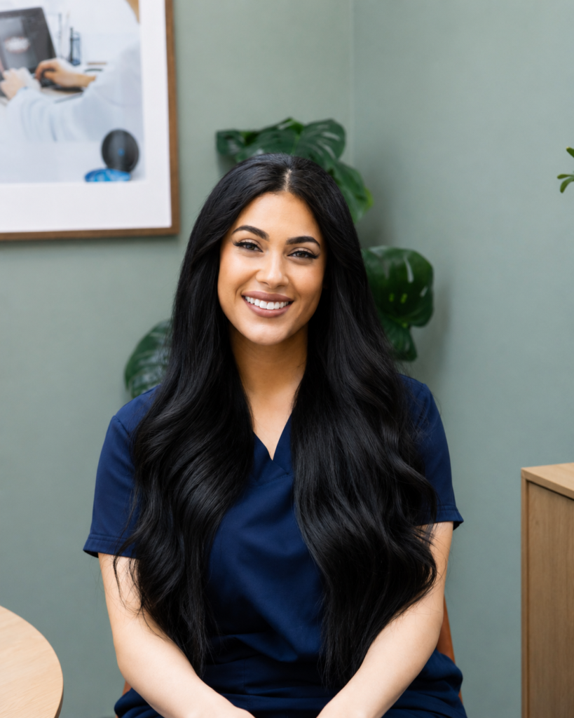 Smiling woman in navy scrubs seated in a clinical office setting with green walls and plants behind her.